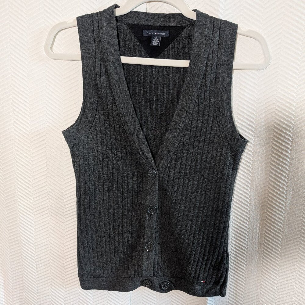 Tommy Hilfiger Sweater Vest Grey Cotton Wool Blend Small Dark Academia Preppy